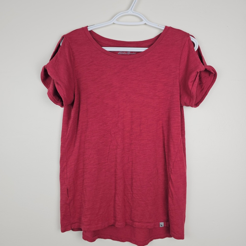 Eddie Bauer T-Shirt Women Medium Red Cold Shoulder Slub Knit Short Sleeve Top